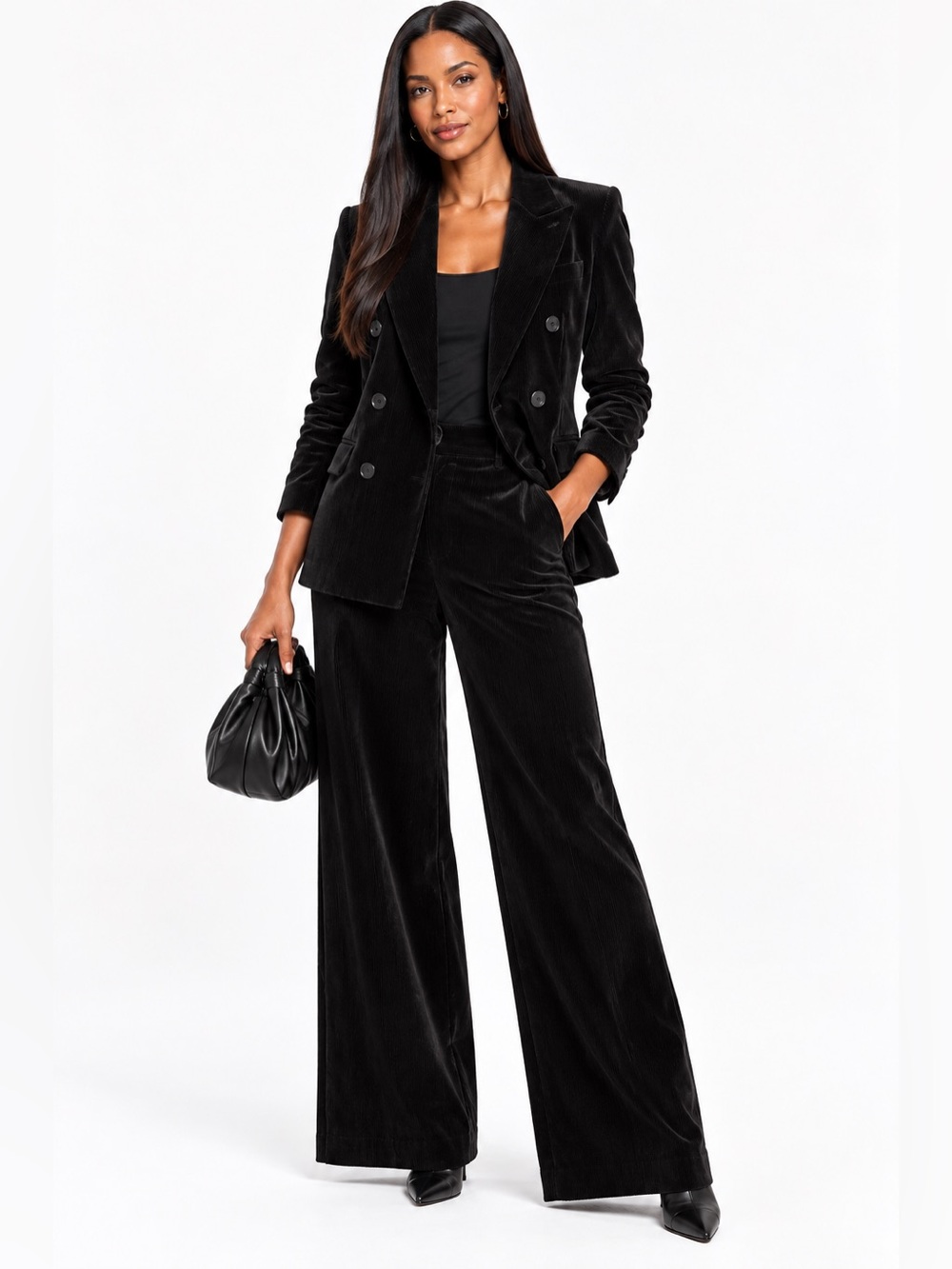 AllSaints Black Corduroy Double Breasted Blazer Wide Leg Pants Suit Set 4